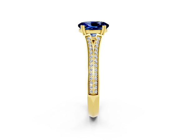 Yellow gold Oval Cut Blue Sapphire Split Shank Engagement Ring with Pavé Band