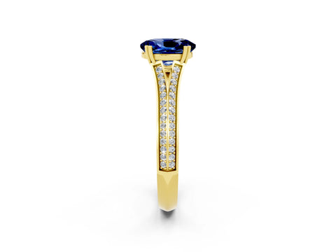 Yellow gold Oval Cut Blue Sapphire Split Shank Engagement Ring with Pavé Band_2