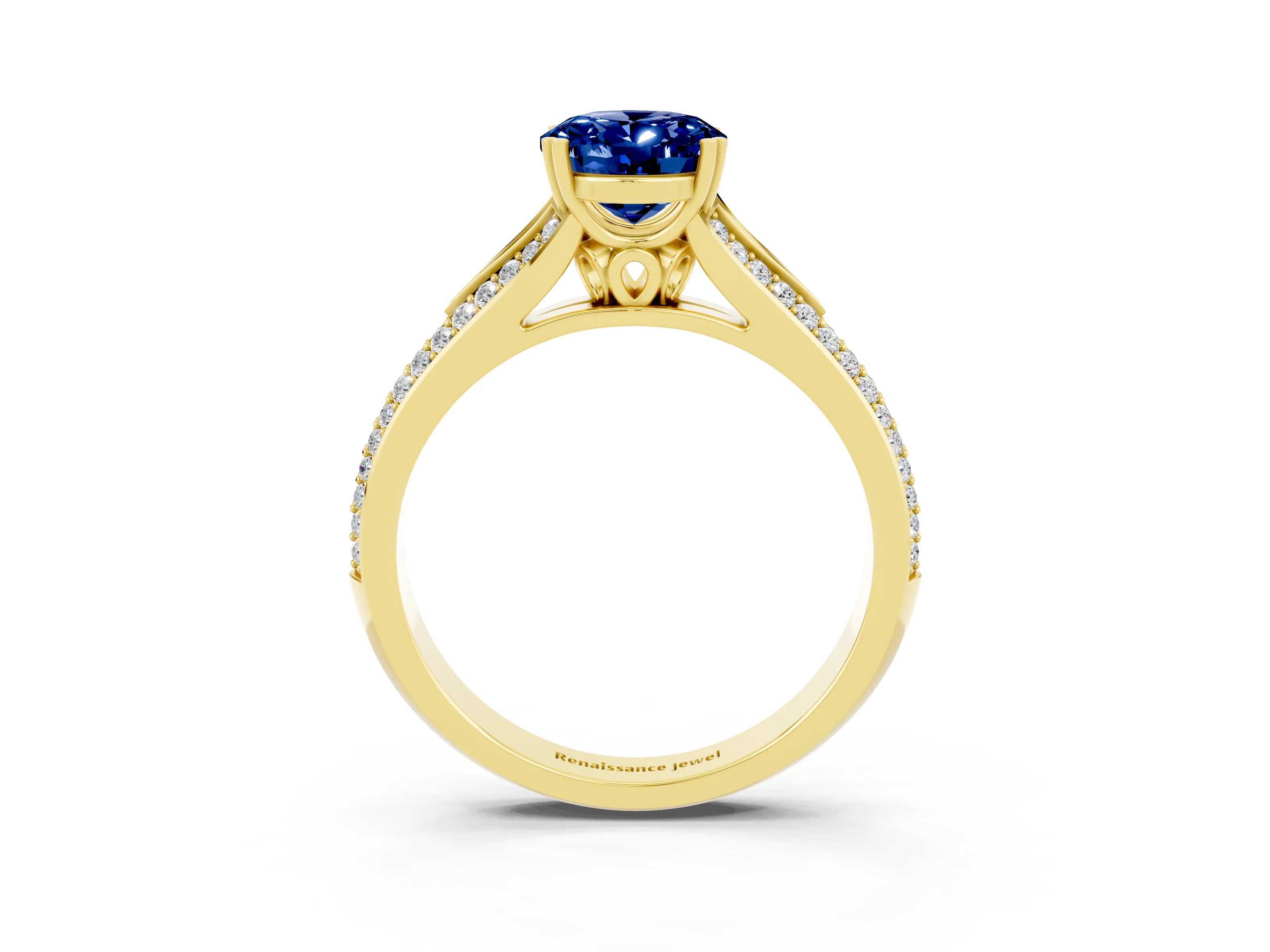 Yellow gold Oval Cut Blue Sapphire Split Shank Engagement Ring with Pavé Band_3
