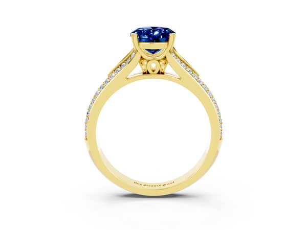 Yellow gold Oval Cut Blue Sapphire Split Shank Engagement Ring with Pavé Band