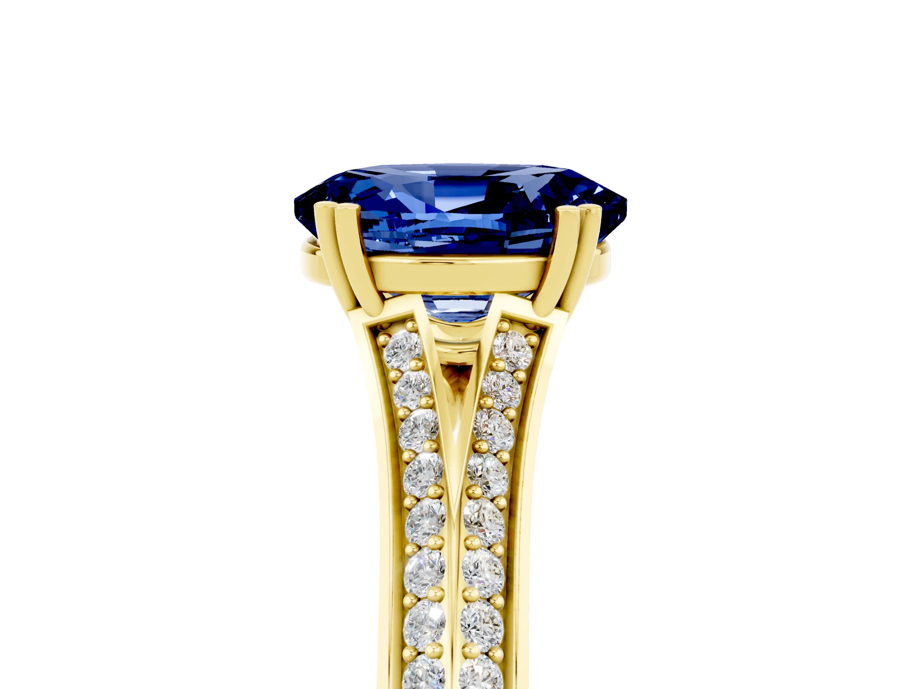 Yellow gold Oval Cut Blue Sapphire Split Shank Engagement Ring with Pavé Band_5