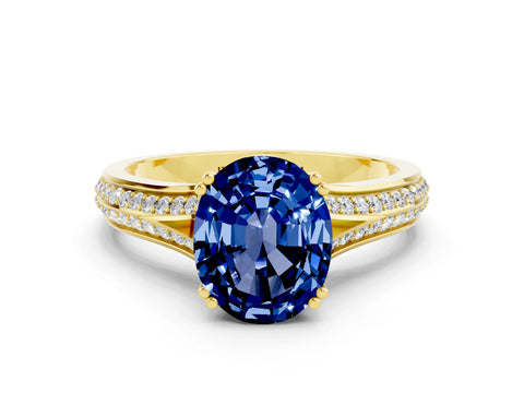 Yellow gold Oval Cut Blue Sapphire Split Shank Engagement Ring with Pavé Band