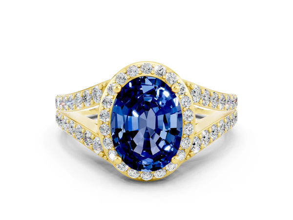 Yellow gold Oval Cut Blue Sapphire Split Shank Halo Ring with Four-Prong Setting