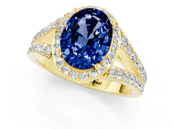 Yellow gold Oval Cut Blue Sapphire Split Shank Halo Ring with Four-Prong Setting