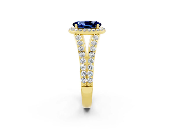 Yellow gold Oval Cut Blue Sapphire Split Shank Halo Ring with Four-Prong Setting