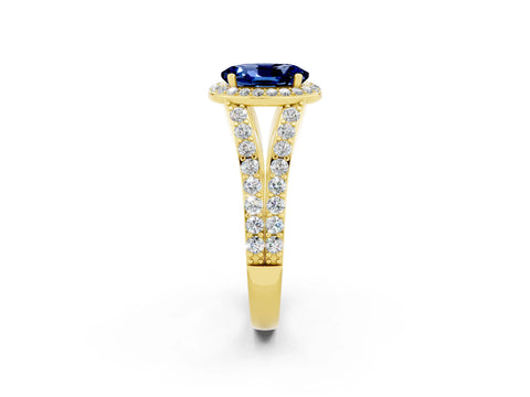 Yellow gold Oval Cut Blue Sapphire Split Shank Halo Ring with Four-Prong Setting_14