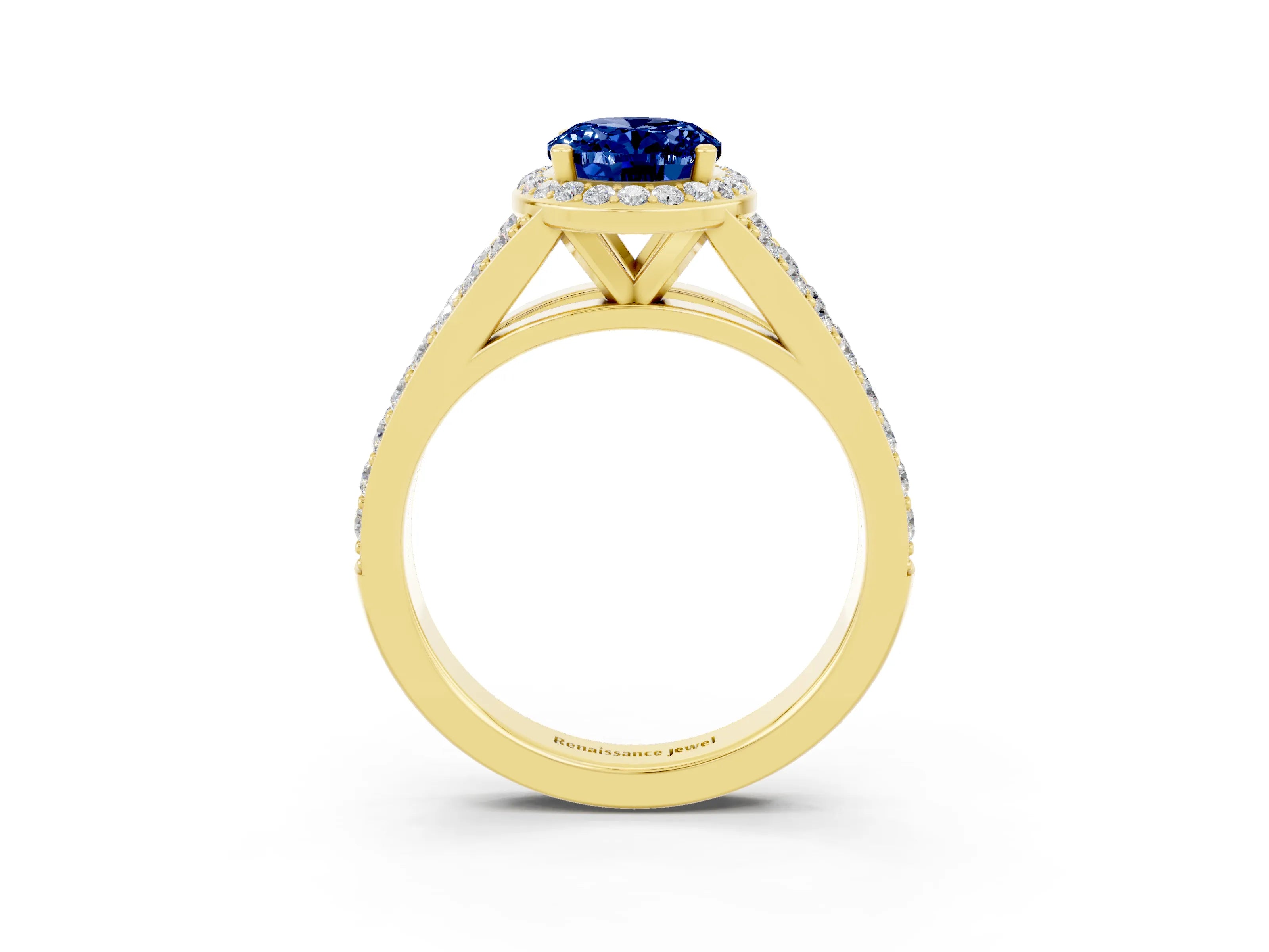 Yellow gold Oval Cut Blue Sapphire Split Shank Halo Ring with Four-Prong Setting_15