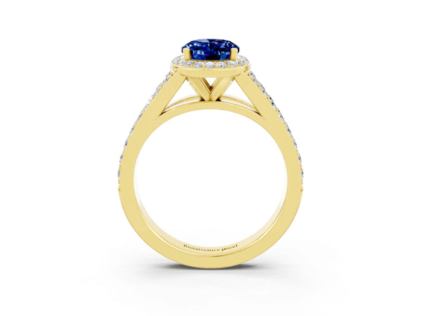 Yellow gold Oval Cut Blue Sapphire Split Shank Halo Ring with Four-Prong Setting