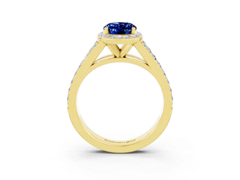 Yellow gold Oval Cut Blue Sapphire Split Shank Halo Ring with Four-Prong Setting_15
