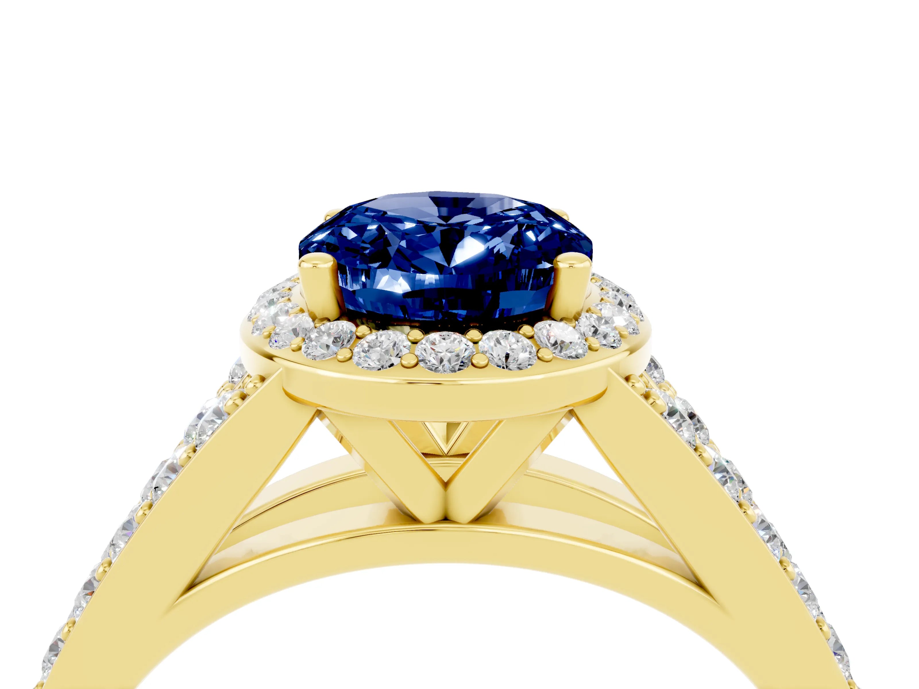 Yellow gold Oval Cut Blue Sapphire Split Shank Halo Ring with Four-Prong Setting_16
