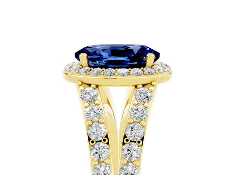 Yellow gold Oval Cut Blue Sapphire Split Shank Halo Ring with Four-Prong Setting_17