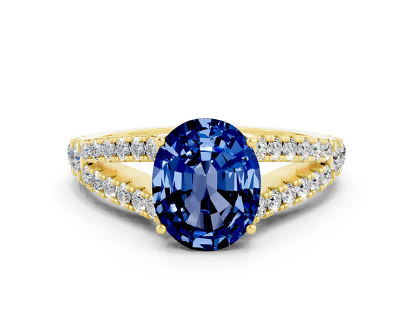 Yellow gold Oval Cut Blue Sapphire Split Shank Pavé Engagement Ring with Four-Prong Setting