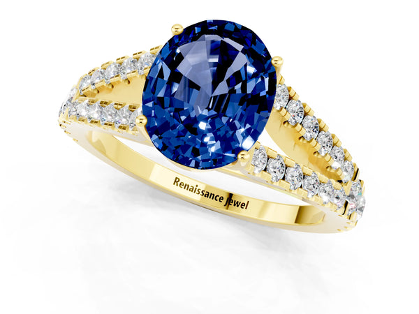 Yellow gold Oval Cut Blue Sapphire Split Shank Pavé Engagement Ring with Four-Prong Setting