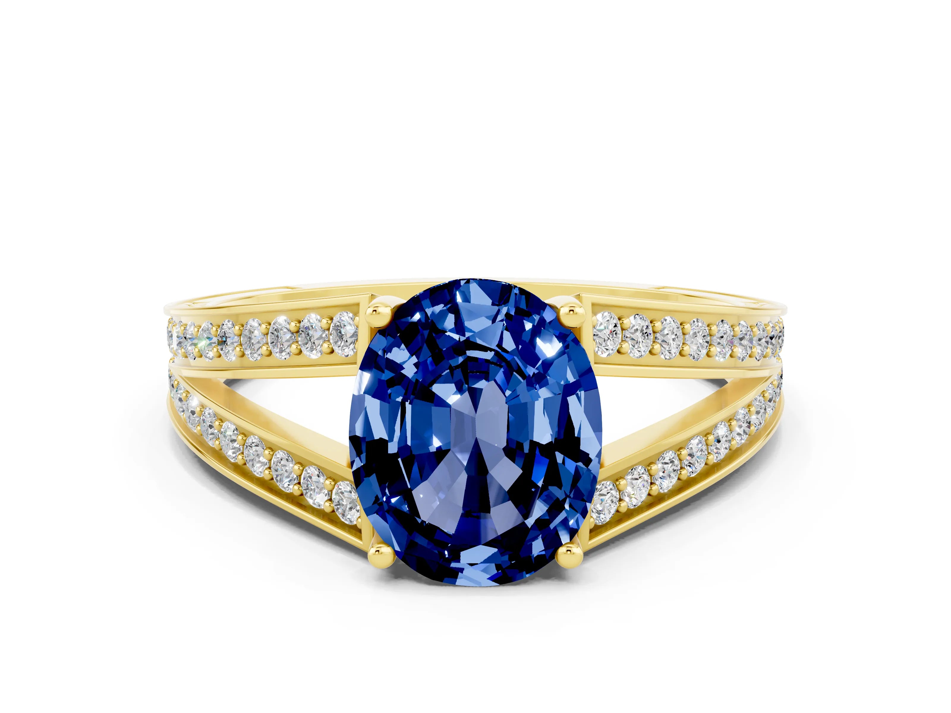 Yellow gold Oval Cut Blue Sapphire Split Shank Ring with Pavé Band and Four-Prong Setting