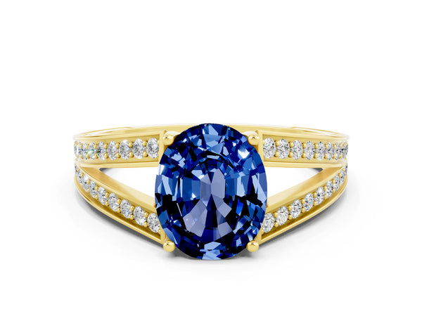 Yellow gold Oval Cut Blue Sapphire Split Shank Ring with Pavé Band and Four-Prong Setting