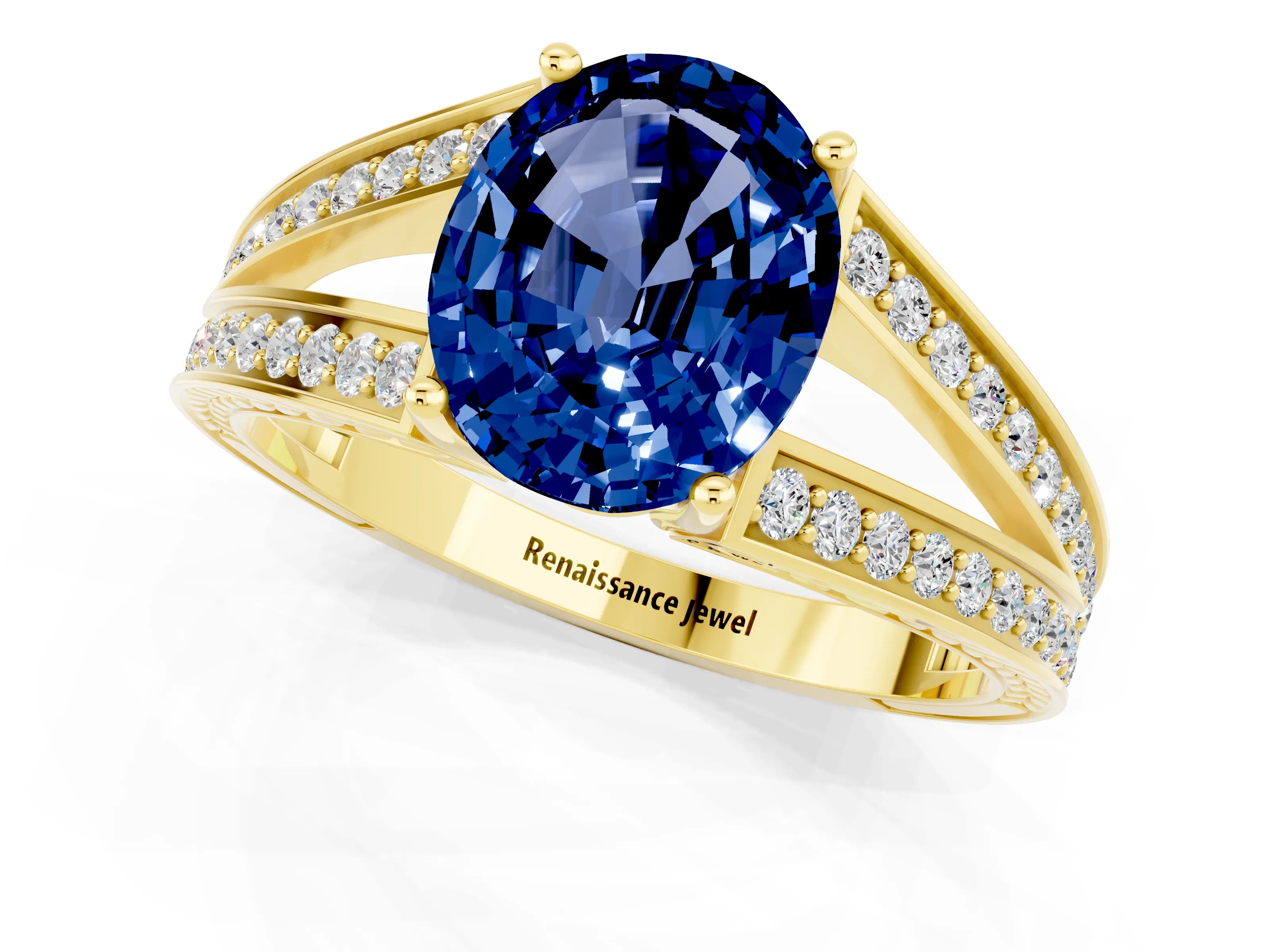 Yellow gold Oval Cut Blue Sapphire Split Shank Ring with Pavé Band and Four-Prong Setting_1