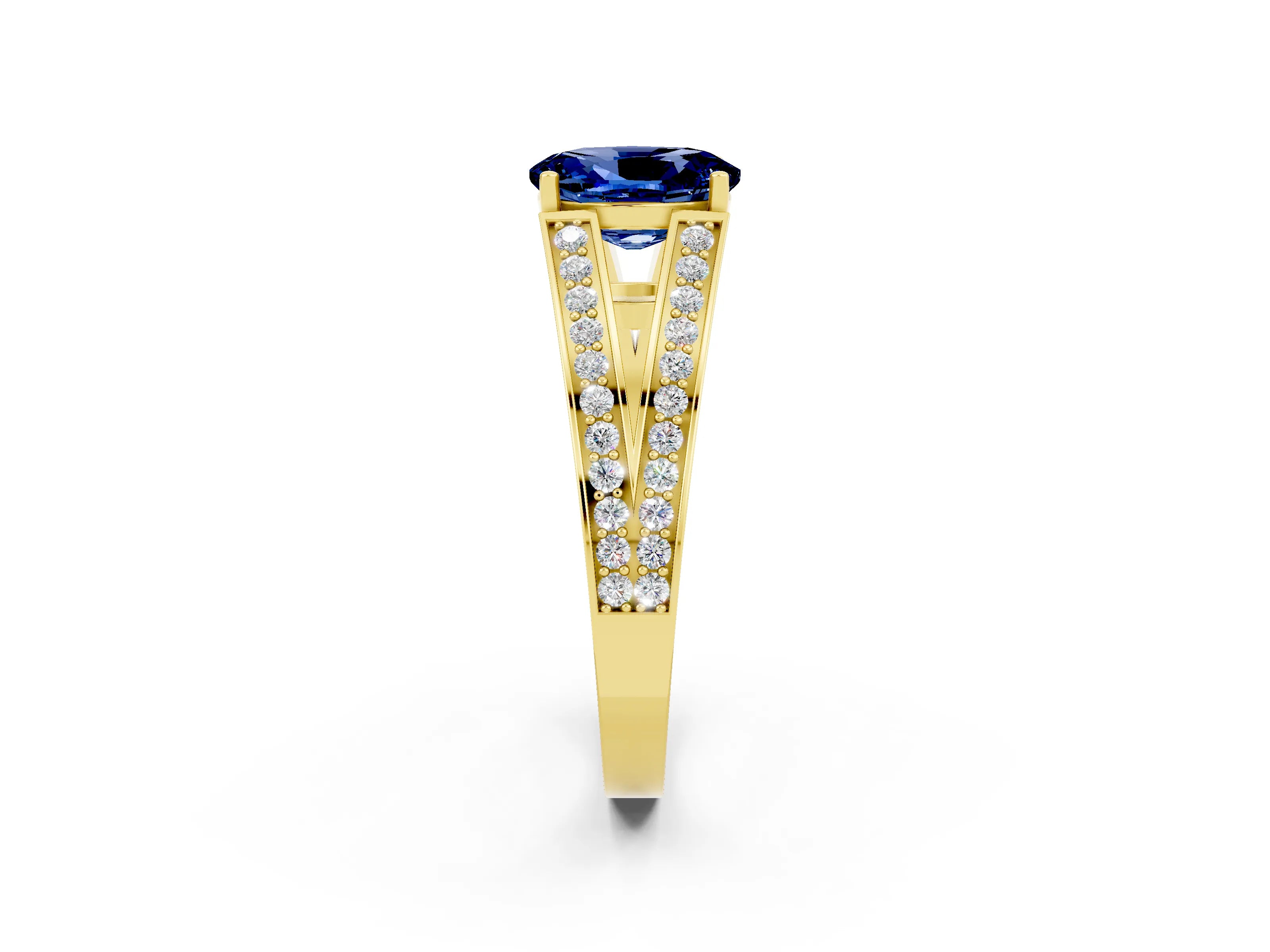 Yellow gold Oval Cut Blue Sapphire Split Shank Ring with Pavé Band and Four-Prong Setting_2