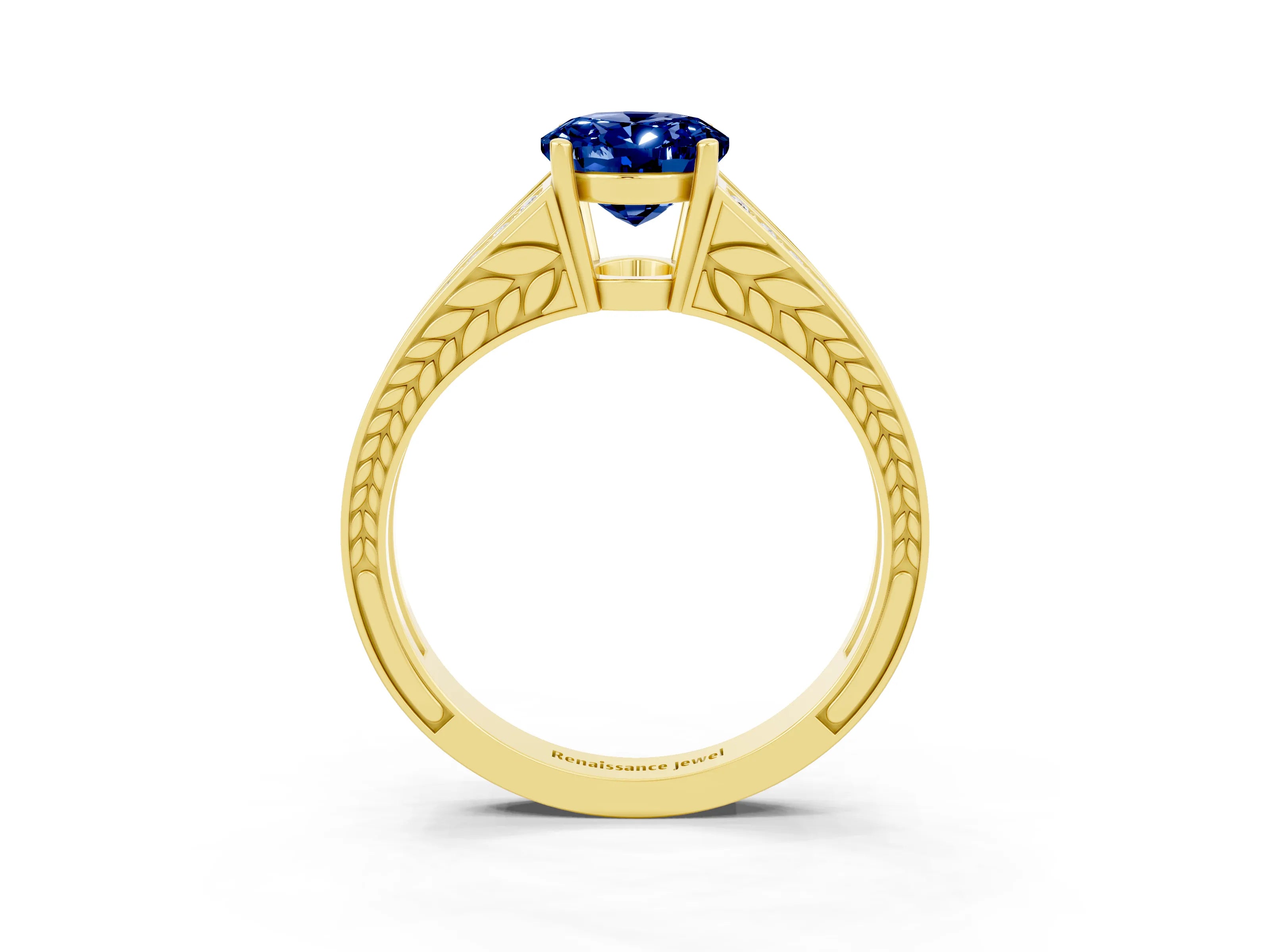 Yellow gold Oval Cut Blue Sapphire Split Shank Ring with Pavé Band and Four-Prong Setting_3