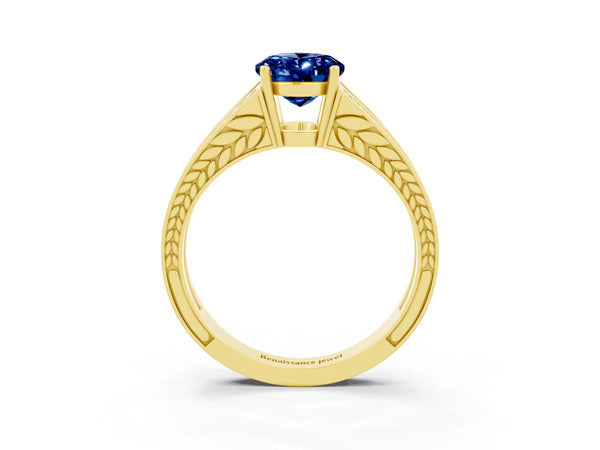 Yellow gold Oval Cut Blue Sapphire Split Shank Ring with Pavé Band and Four-Prong Setting