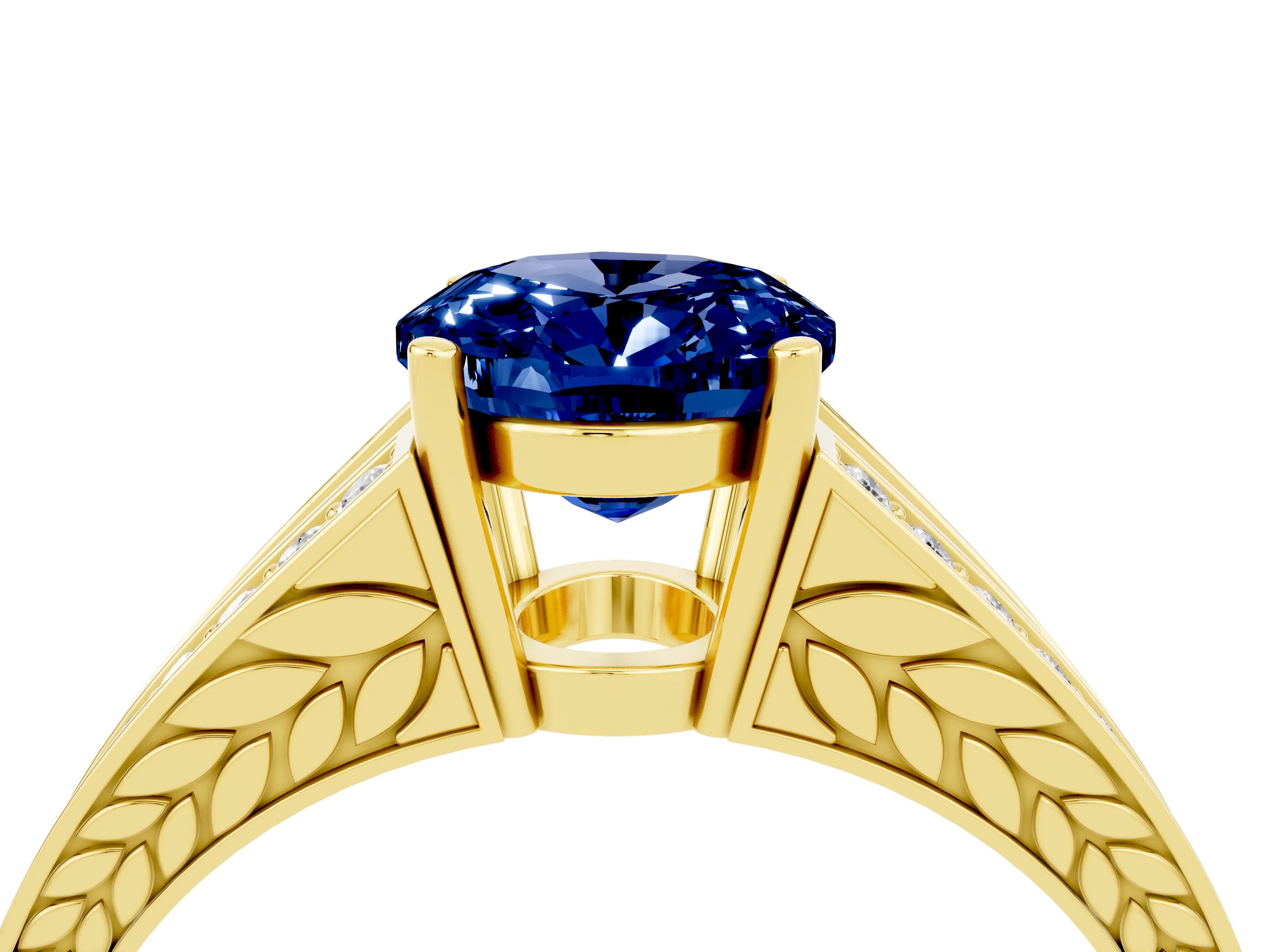 Yellow gold Oval Cut Blue Sapphire Split Shank Ring with Pavé Band and Four-Prong Setting_4