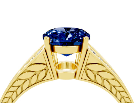 Yellow gold Oval Cut Blue Sapphire Split Shank Ring with Pavé Band and Four-Prong Setting_4