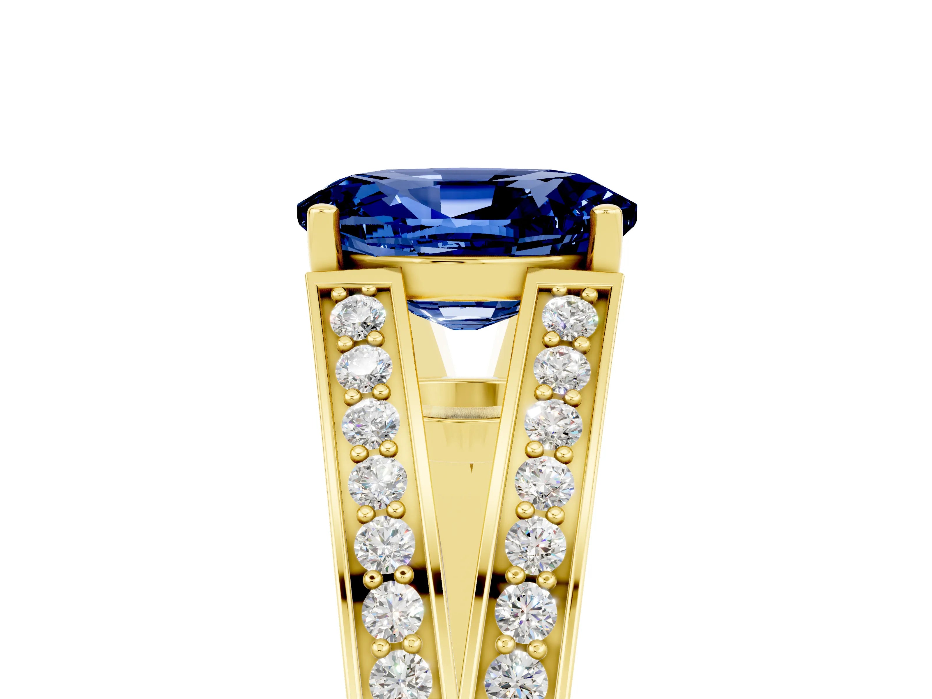 Yellow gold Oval Cut Blue Sapphire Split Shank Ring with Pavé Band and Four-Prong Setting_5