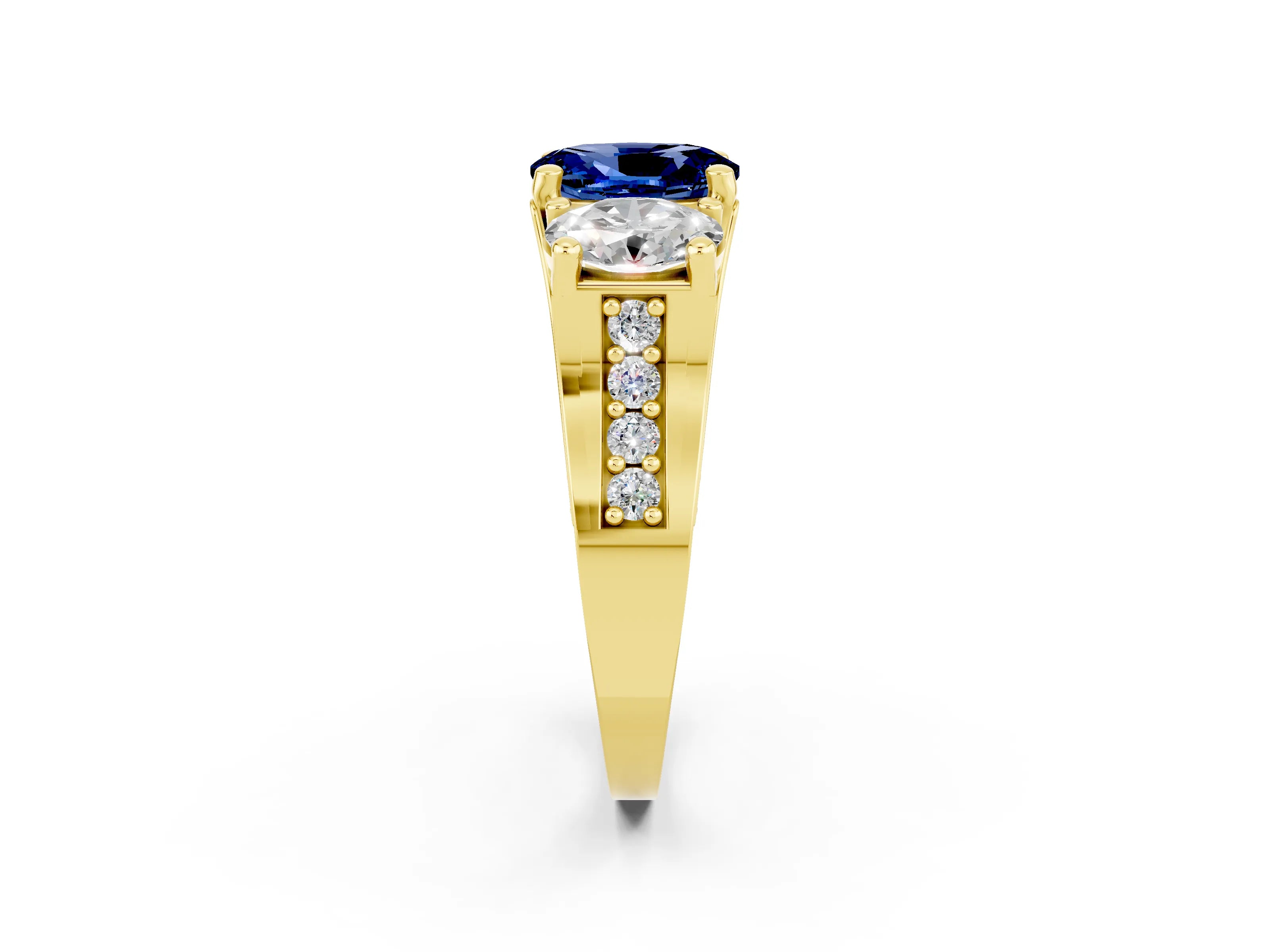 Yellow gold Oval Cut Blue Sapphire Three-Stone Ring with Channel Set Band and Four-Prong Setting_2