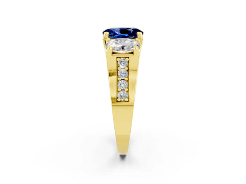 Yellow gold Oval Cut Blue Sapphire Three-Stone Ring with Channel Set Band and Four-Prong Setting_2