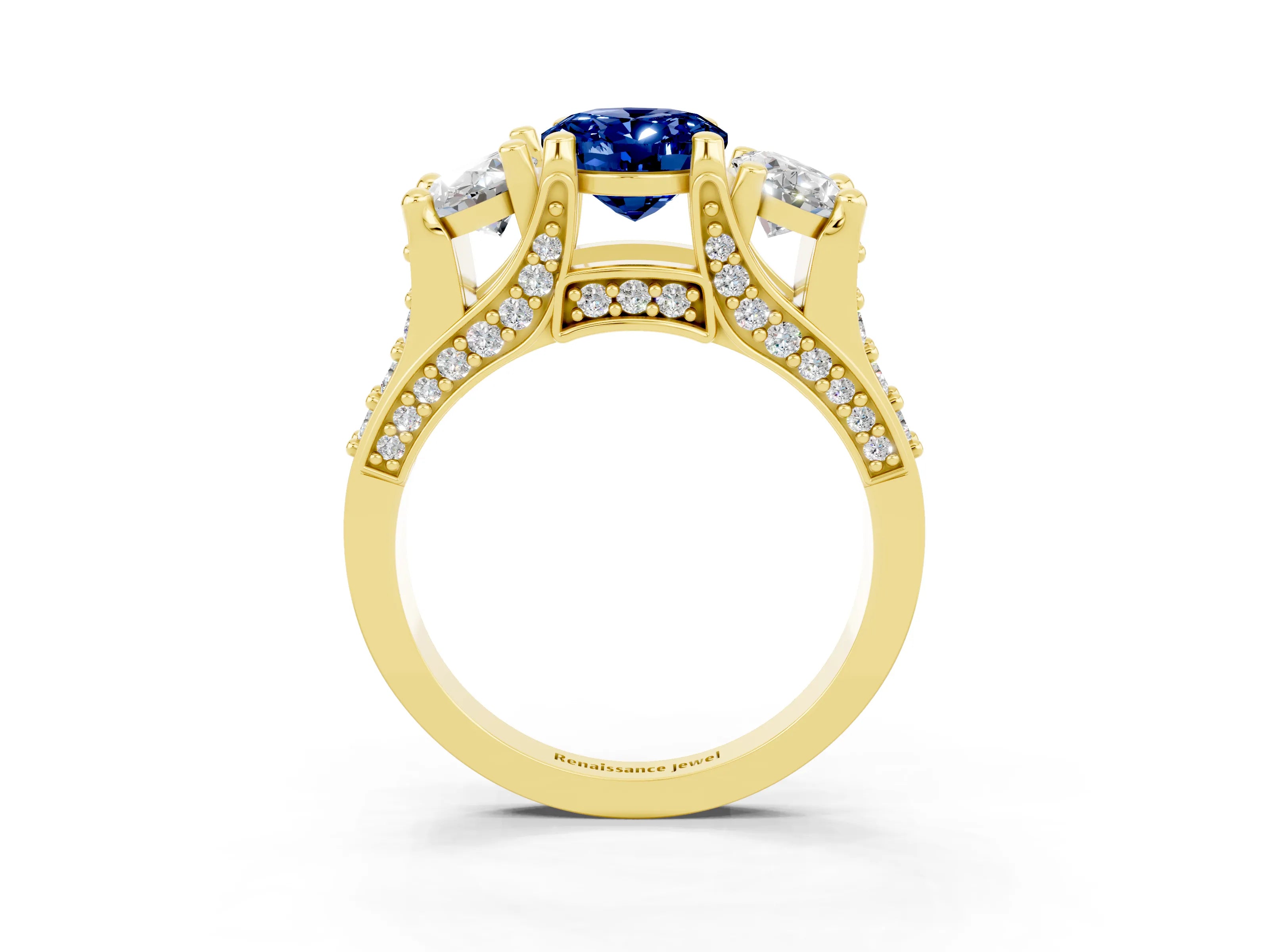 Yellow gold Oval Cut Blue Sapphire Three-Stone Ring with Channel Set Band and Four-Prong Setting_3