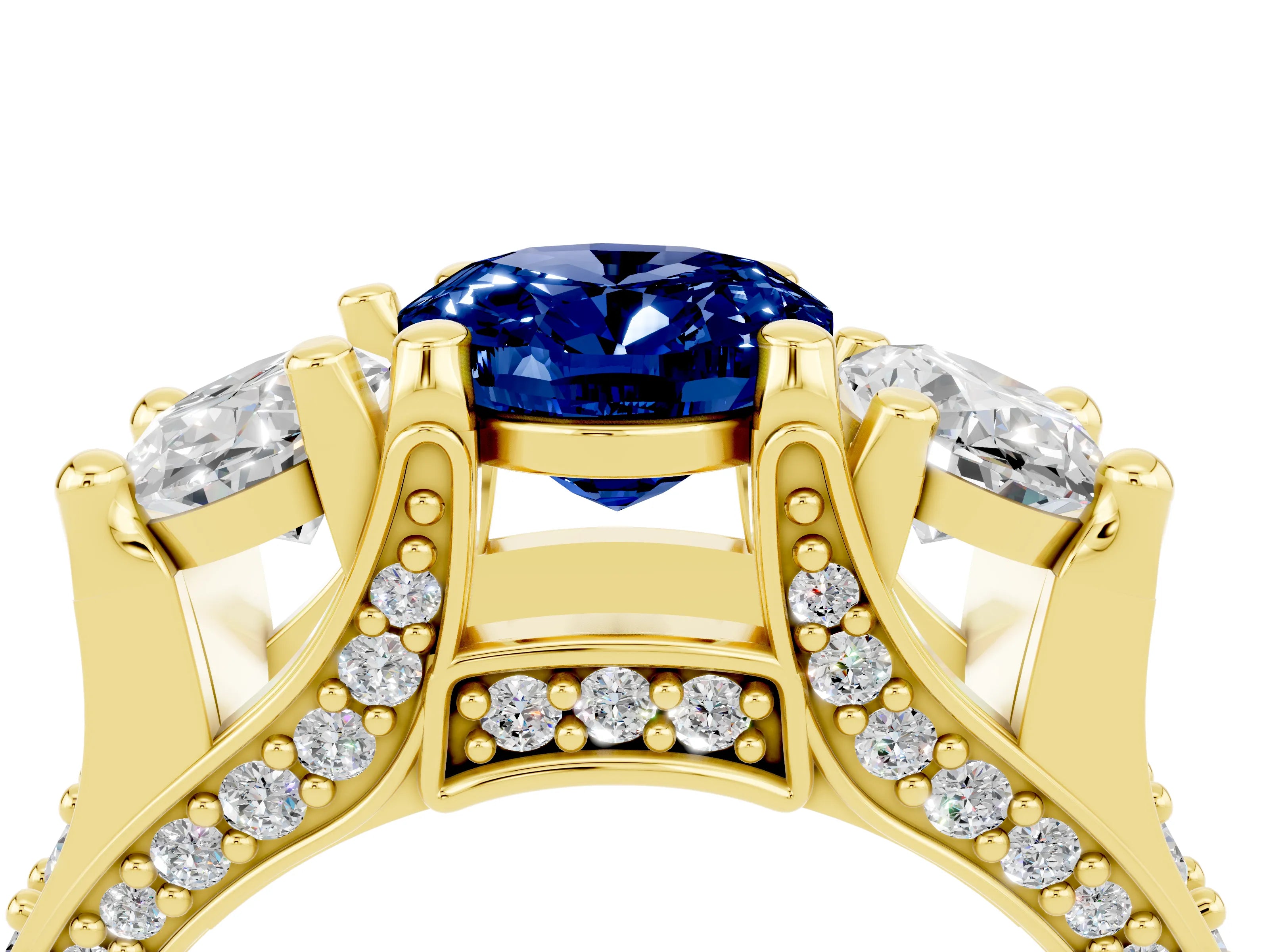 Yellow gold Oval Cut Blue Sapphire Three-Stone Ring with Channel Set Band and Four-Prong Setting_4