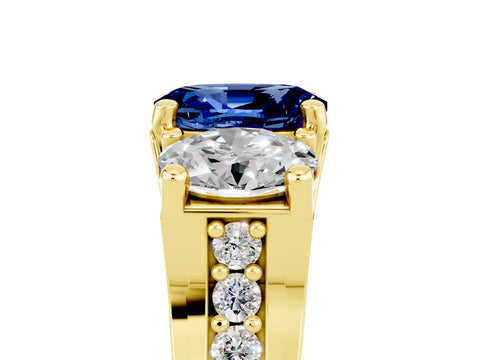 Yellow gold Oval Cut Blue Sapphire Three-Stone Ring with Channel Set Band and Four-Prong Setting_5