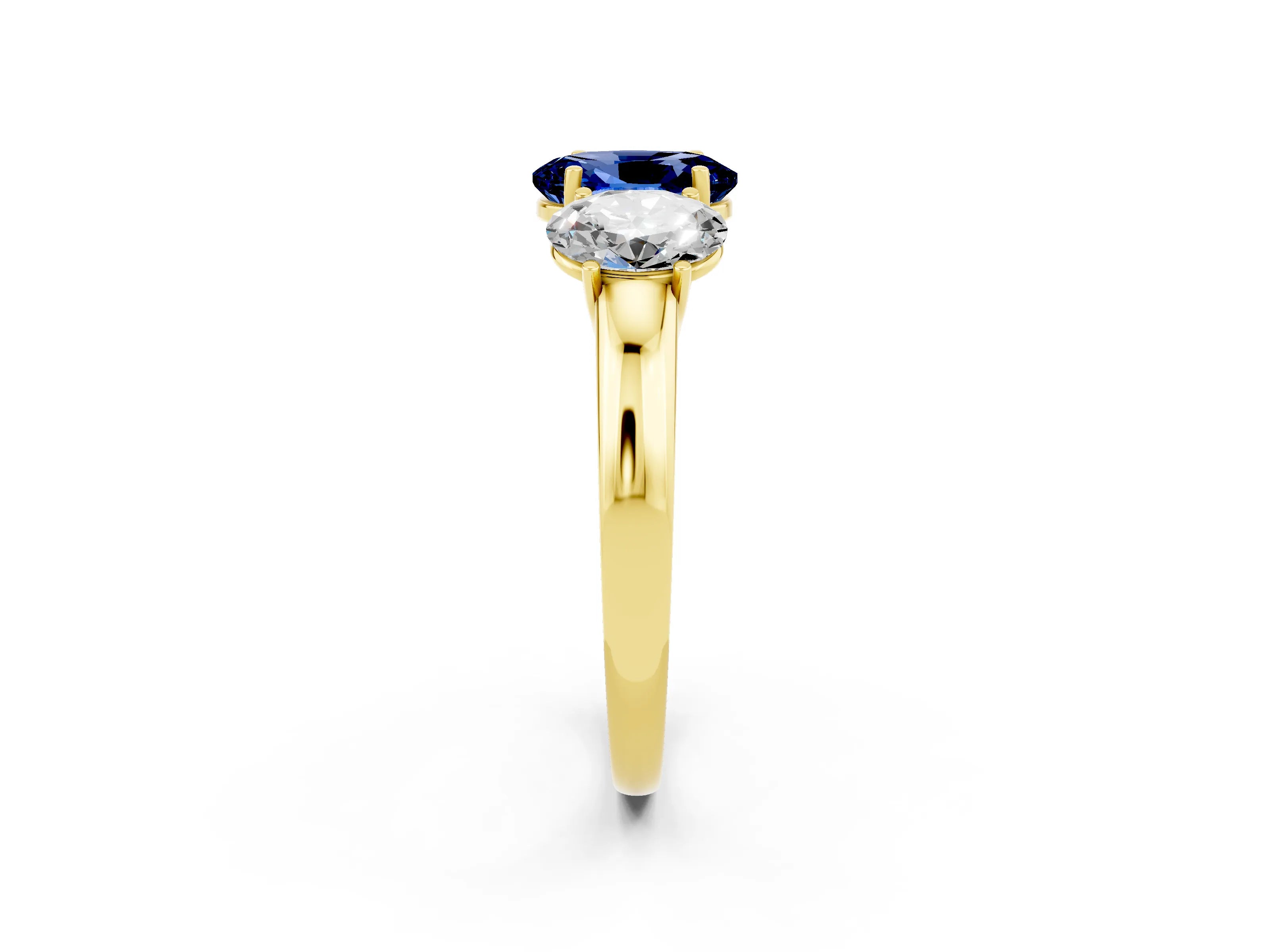 Yellow gold Oval Cut Blue Sapphire Three-Stone Ring with Four-Prong Setting and Classic Band_2