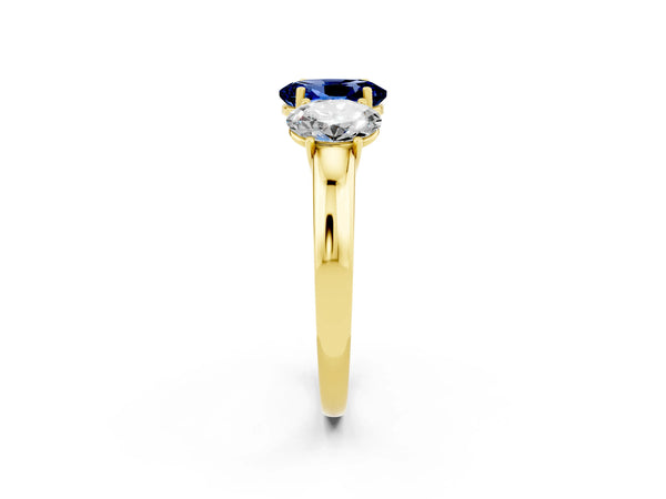 Yellow gold Oval Cut Blue Sapphire Three-Stone Ring with Four-Prong Setting and Classic Band