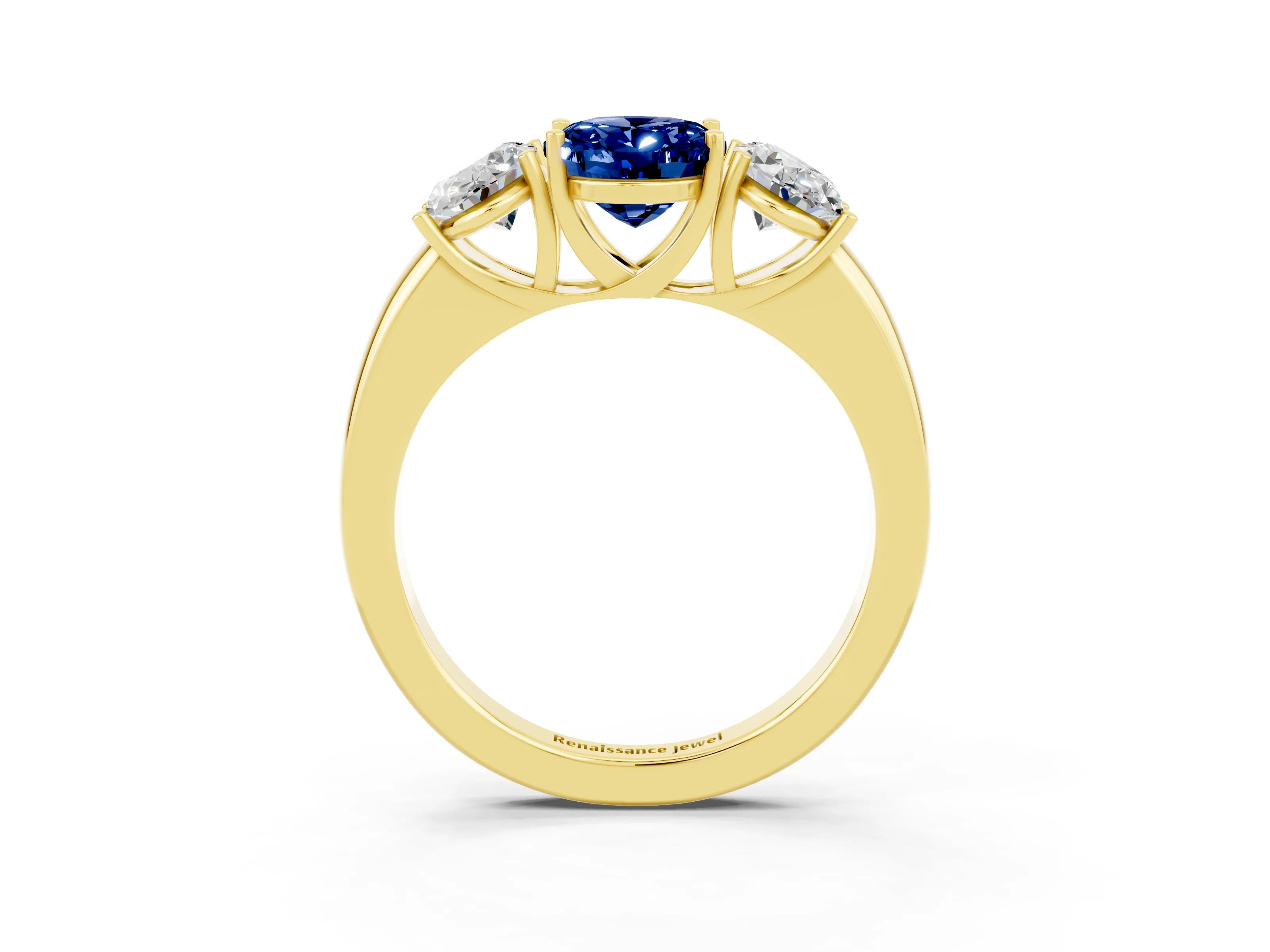 Yellow gold Oval Cut Blue Sapphire Three-Stone Ring with Four-Prong Setting and Classic Band_3