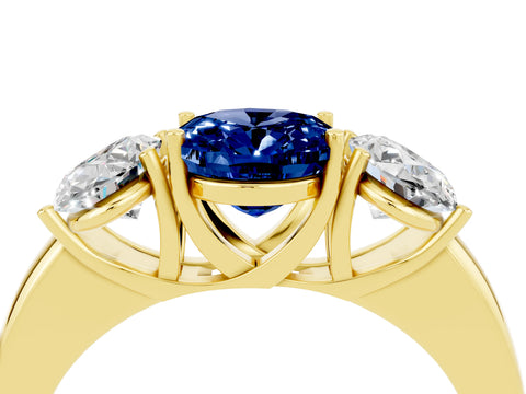 Yellow gold Oval Cut Blue Sapphire Three-Stone Ring with Four-Prong Setting and Classic Band_4