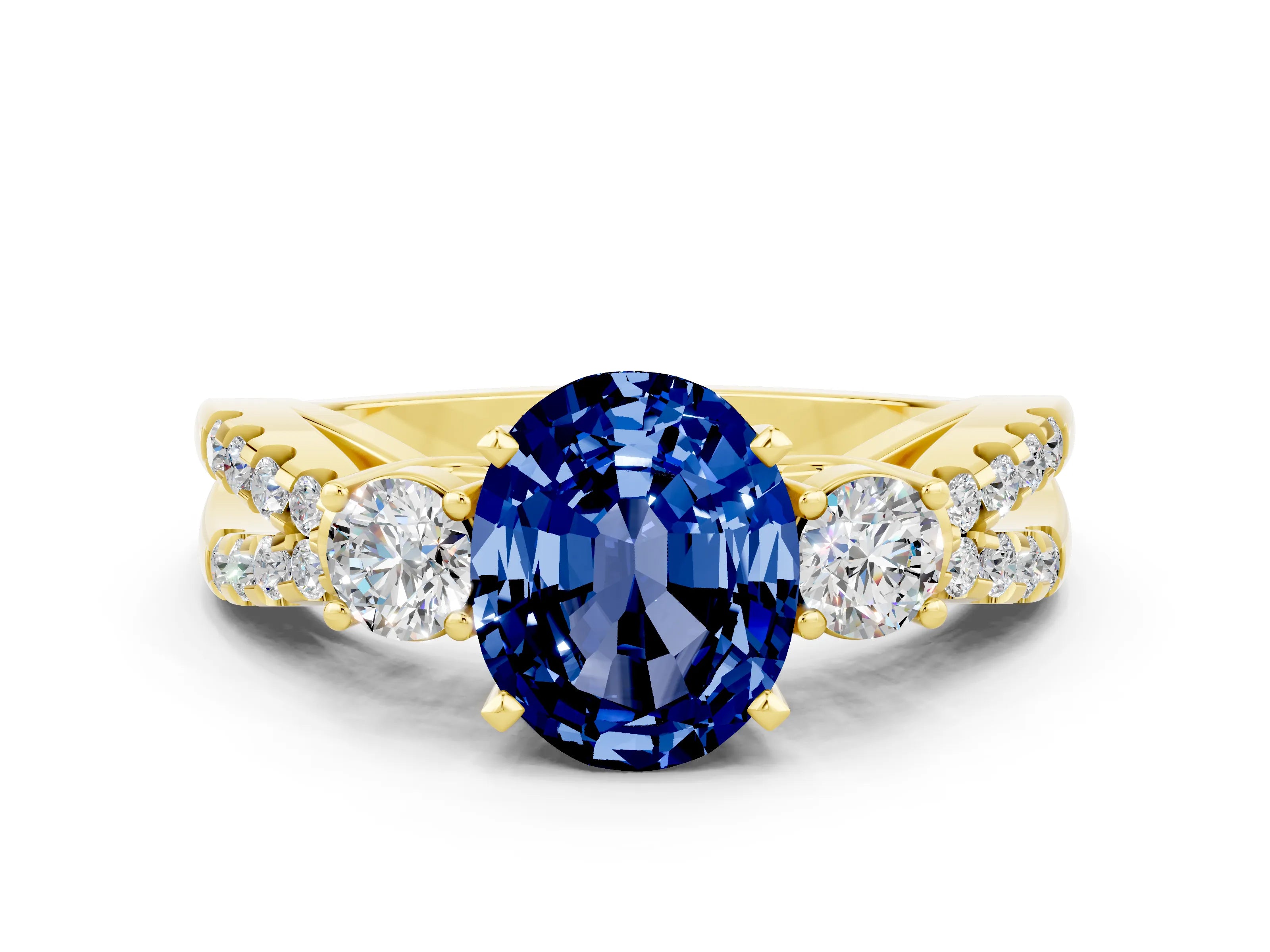 Yellow gold Oval Cut Blue Sapphire Three-Stone Ring with Pavé Split Shank and Four-Prong Setting_12