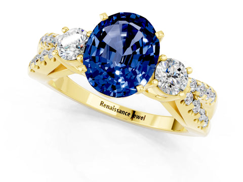 Yellow gold Oval Cut Blue Sapphire Three-Stone Ring with Pavé Split Shank and Four-Prong Setting_13