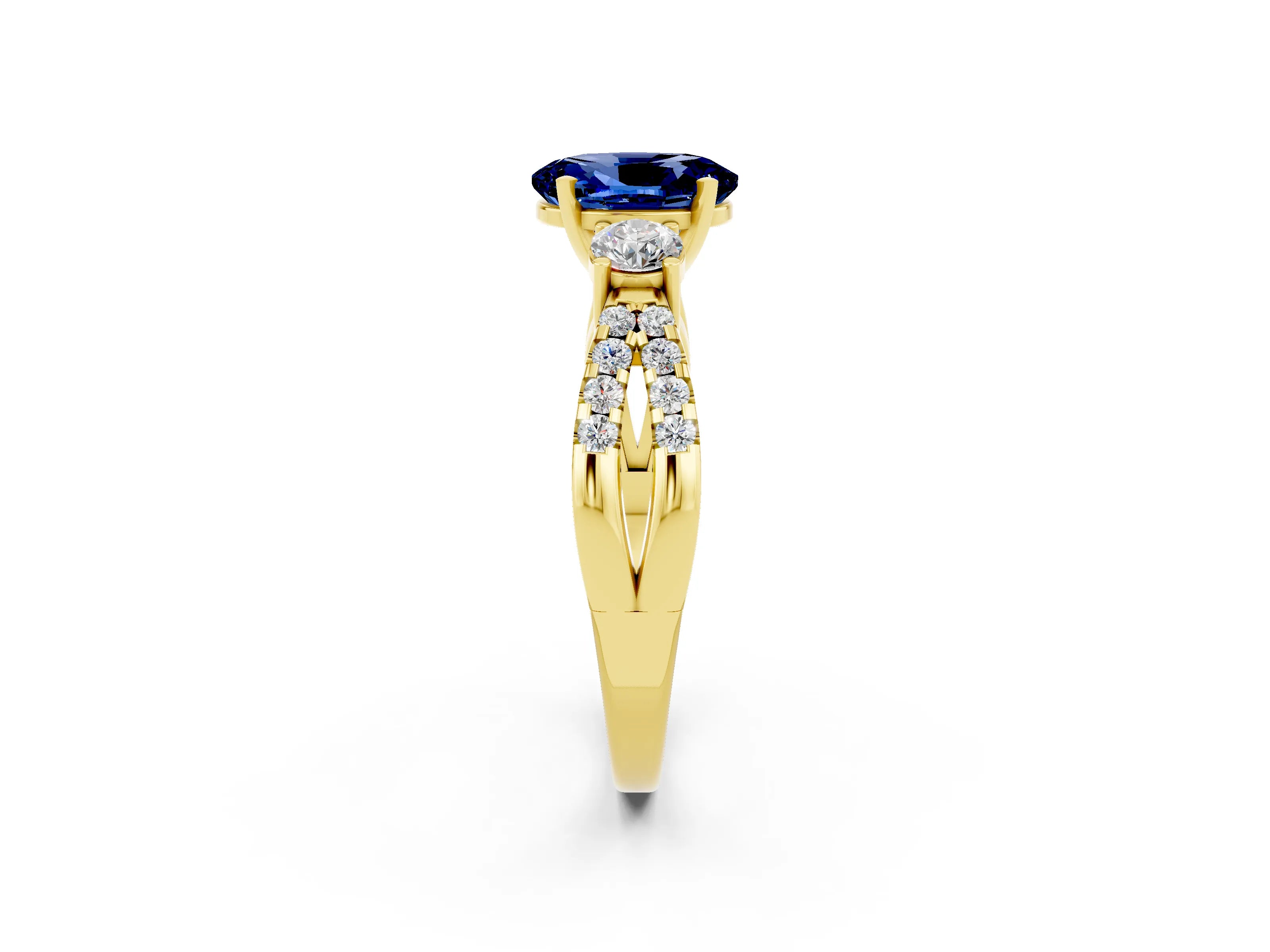 Yellow gold Oval Cut Blue Sapphire Three-Stone Ring with Pavé Split Shank and Four-Prong Setting_14