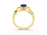 Yellow gold Oval Cut Blue Sapphire Three-Stone Ring with Pavé Split Shank and Four-Prong Setting_15