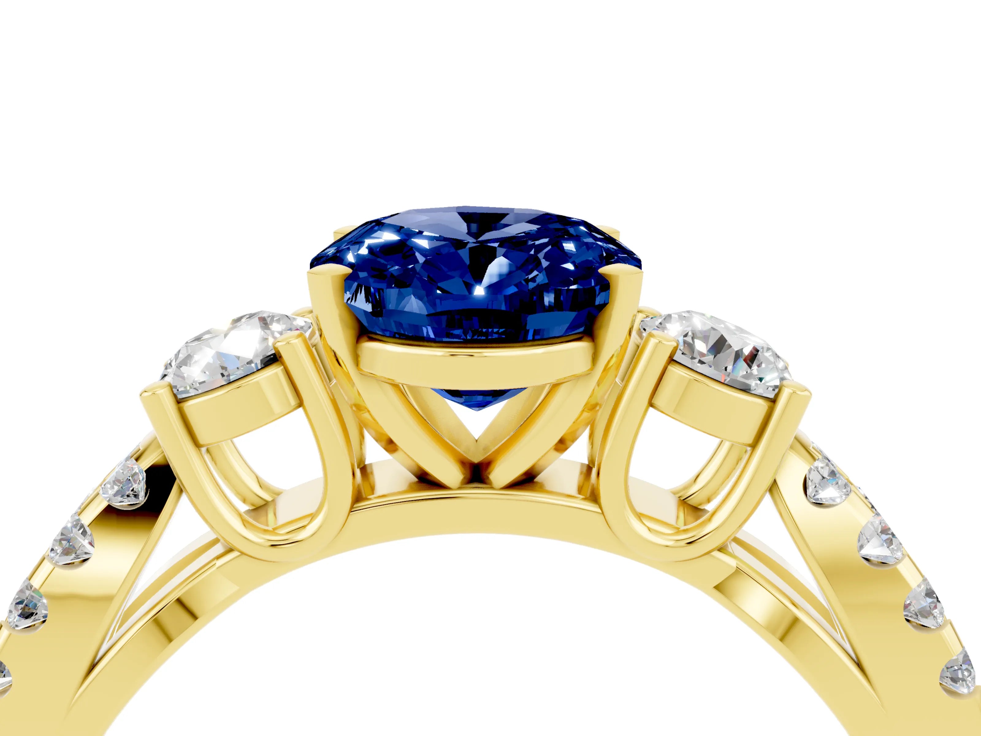Yellow gold Oval Cut Blue Sapphire Three-Stone Ring with Pavé Split Shank and Four-Prong Setting_16