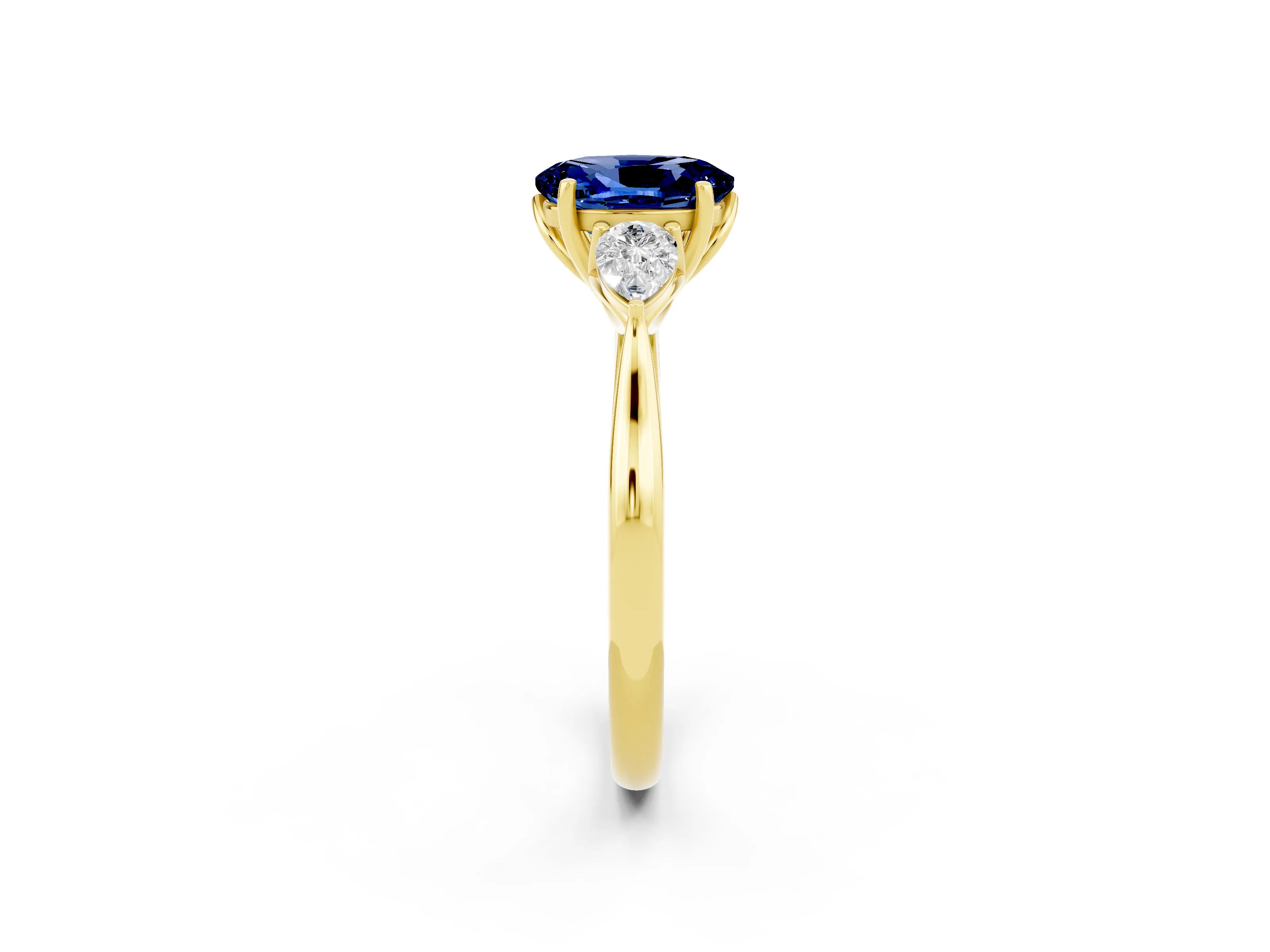 Yellow gold Oval Cut Blue Sapphire Three-Stone Ring with Pear Side Stones and Four-Prong Setting_14
