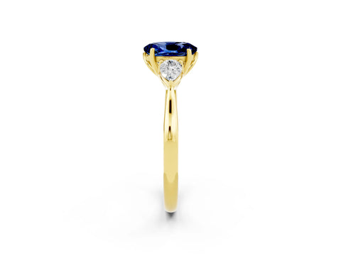 Yellow gold Oval Cut Blue Sapphire Three-Stone Ring with Pear Side Stones and Four-Prong Setting_14