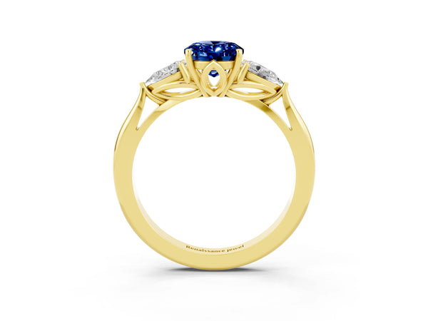 Yellow gold Oval Cut Blue Sapphire Three-Stone Ring with Pear  Side Stones and Prong Setting