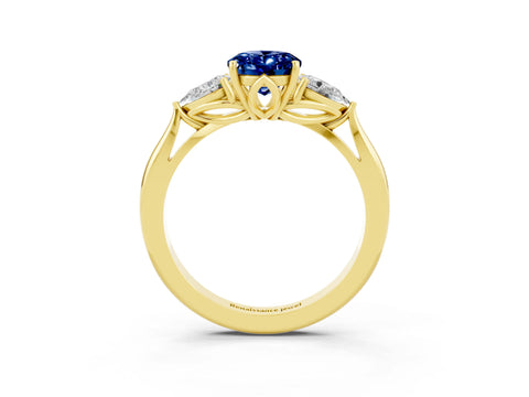 Yellow gold Oval Cut Blue Sapphire Three-Stone Ring with Pear Side Stones and Four-Prong Setting_15