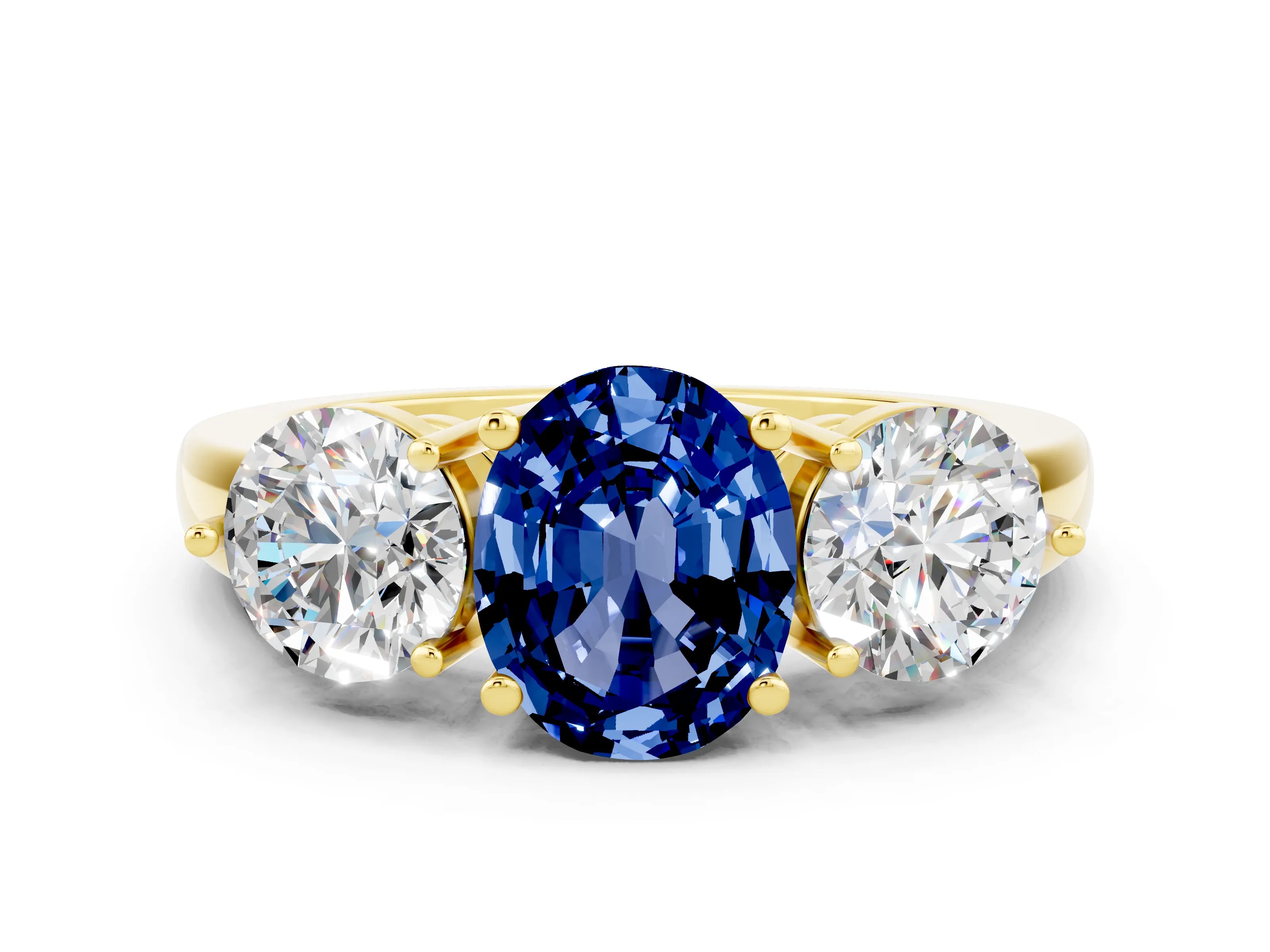 Yellow gold Oval Cut Blue Sapphire Three-Stone Ring with Prong Setting and Classic Band