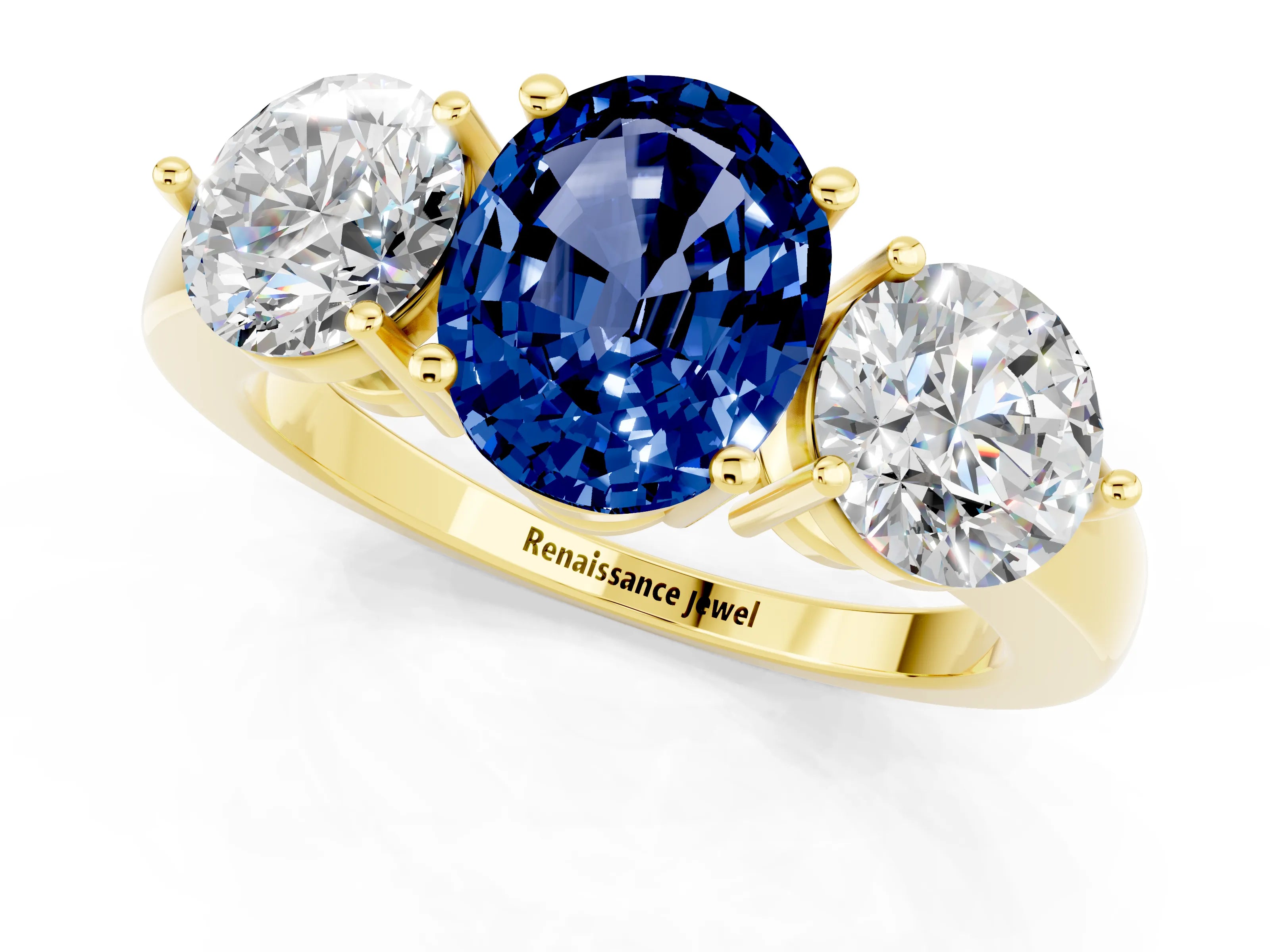 Yellow gold Oval Cut Blue Sapphire Three-Stone Ring with Prong Setting and Classic Band_1