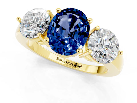 Yellow gold Oval Cut Blue Sapphire Three-Stone Ring with Prong Setting and Classic Band_1