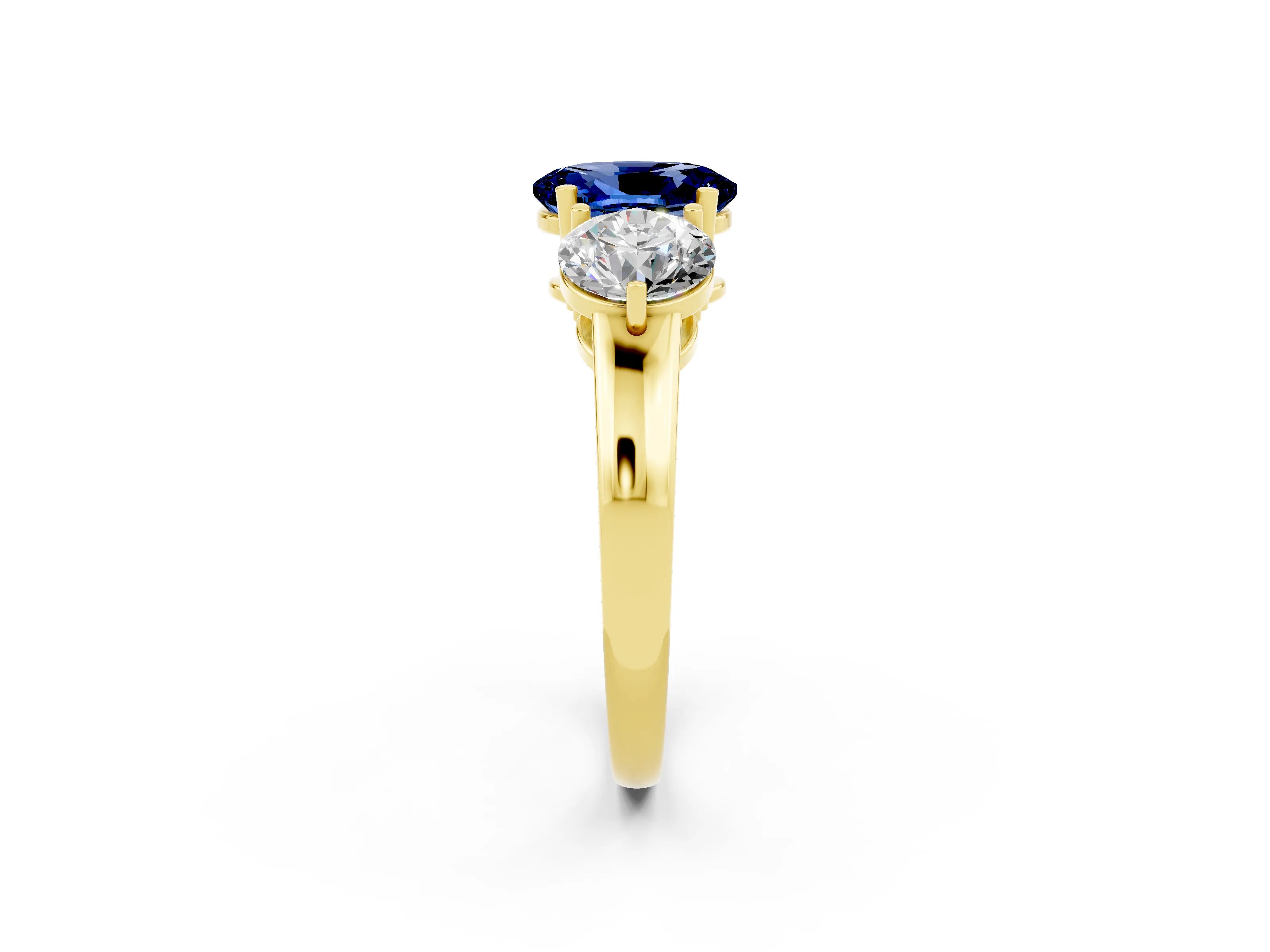 Yellow gold Oval Cut Blue Sapphire Three-Stone Ring with Prong Setting and Classic Band_2