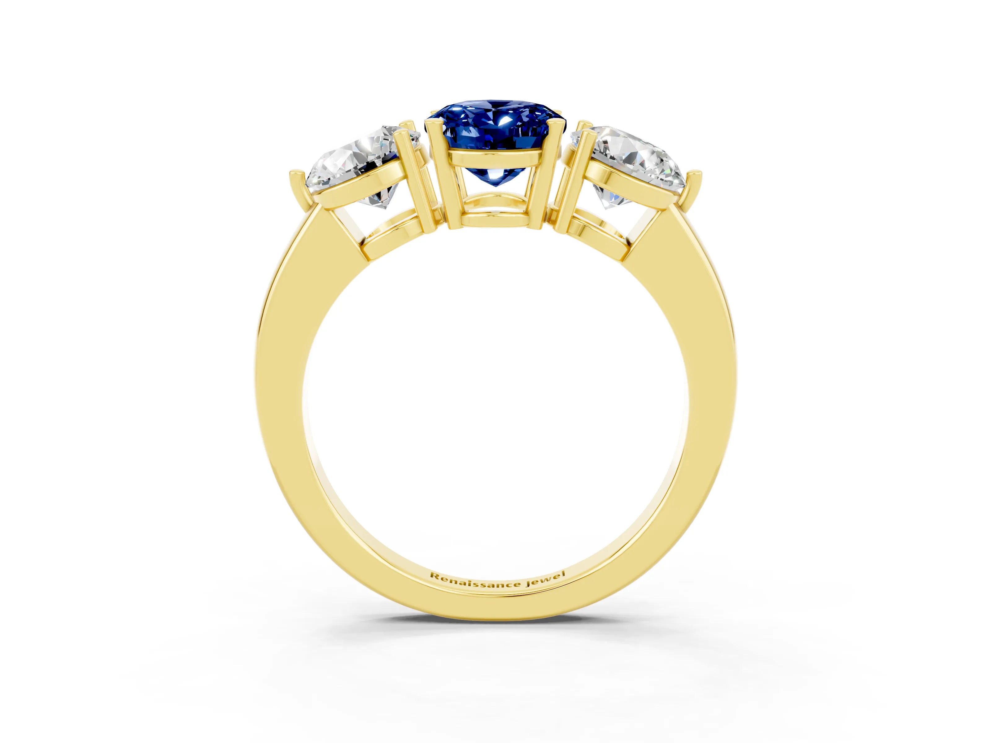 Yellow gold Oval Cut Blue Sapphire Three-Stone Ring with Prong Setting and Classic Band_3
