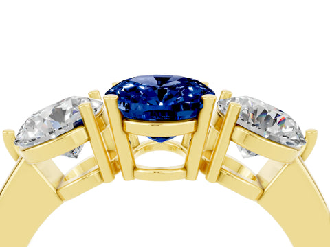 Yellow gold Oval Cut Blue Sapphire Three-Stone Ring with Prong Setting and Classic Band_4